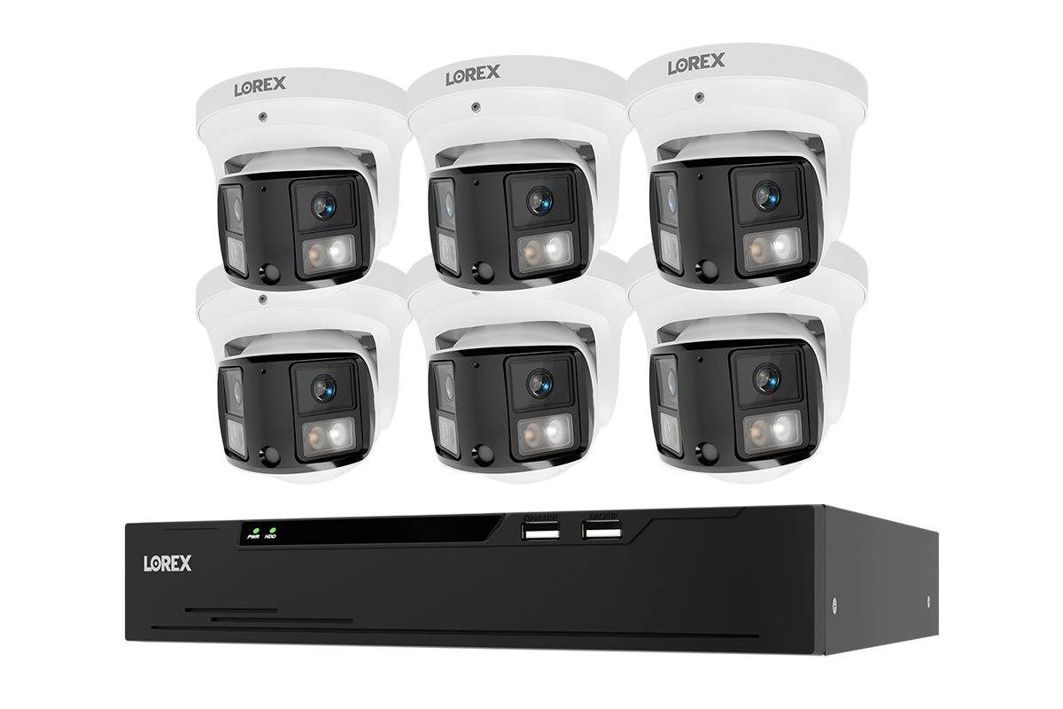 Six Lorex X Series 4K turret cameras above a black NVR
