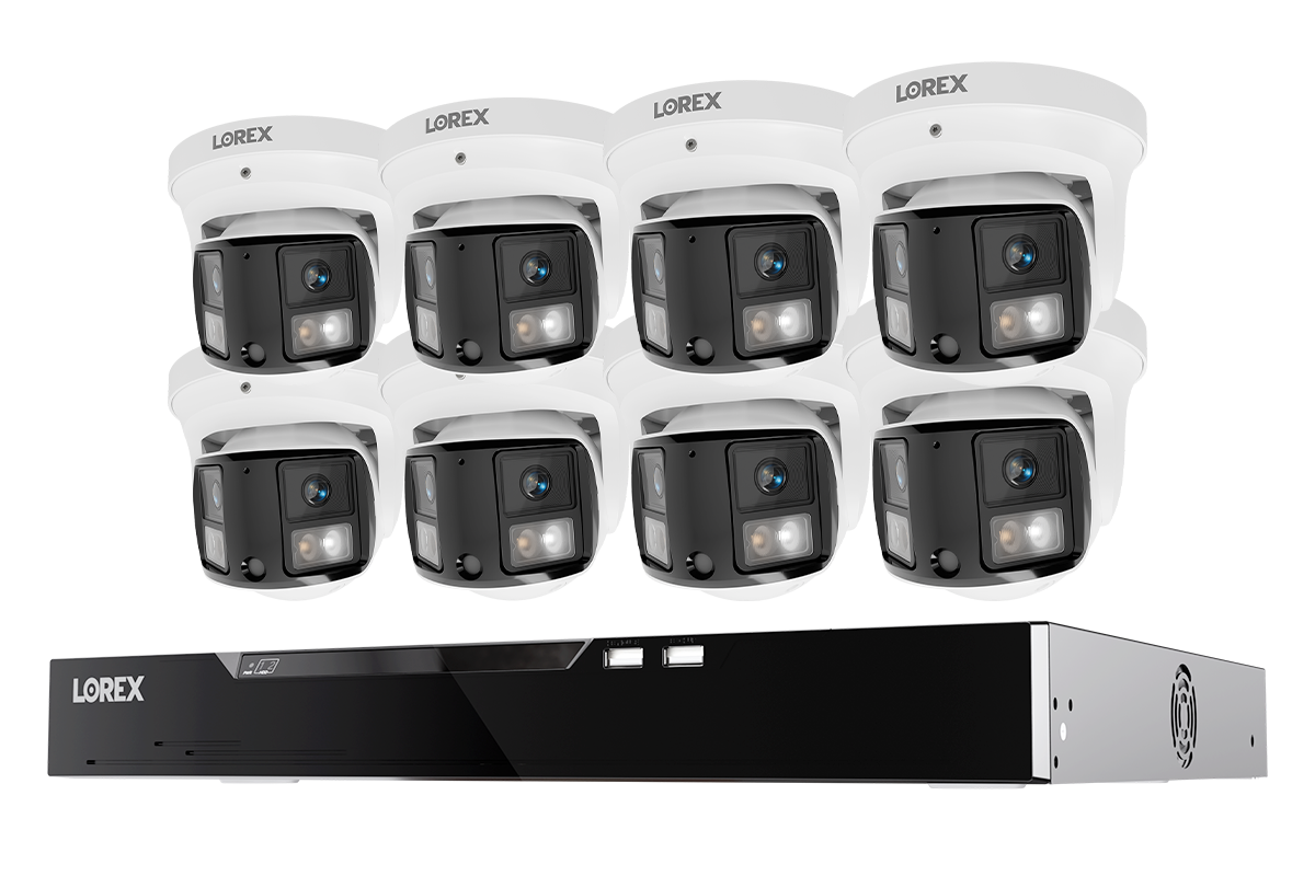 Lorex X Series surveillance system with eight dual-lens turret cameras above a 4TB NVR
