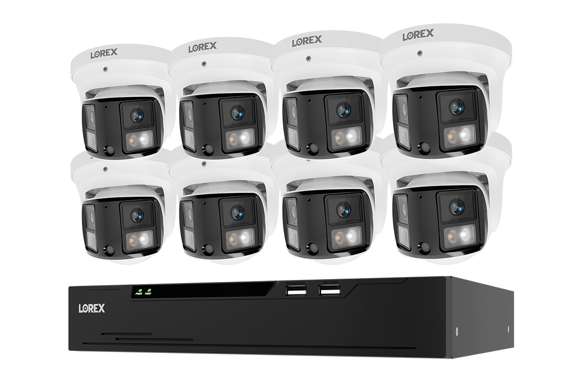 Eight Lorex X Series 4K turret cameras with a black NVR