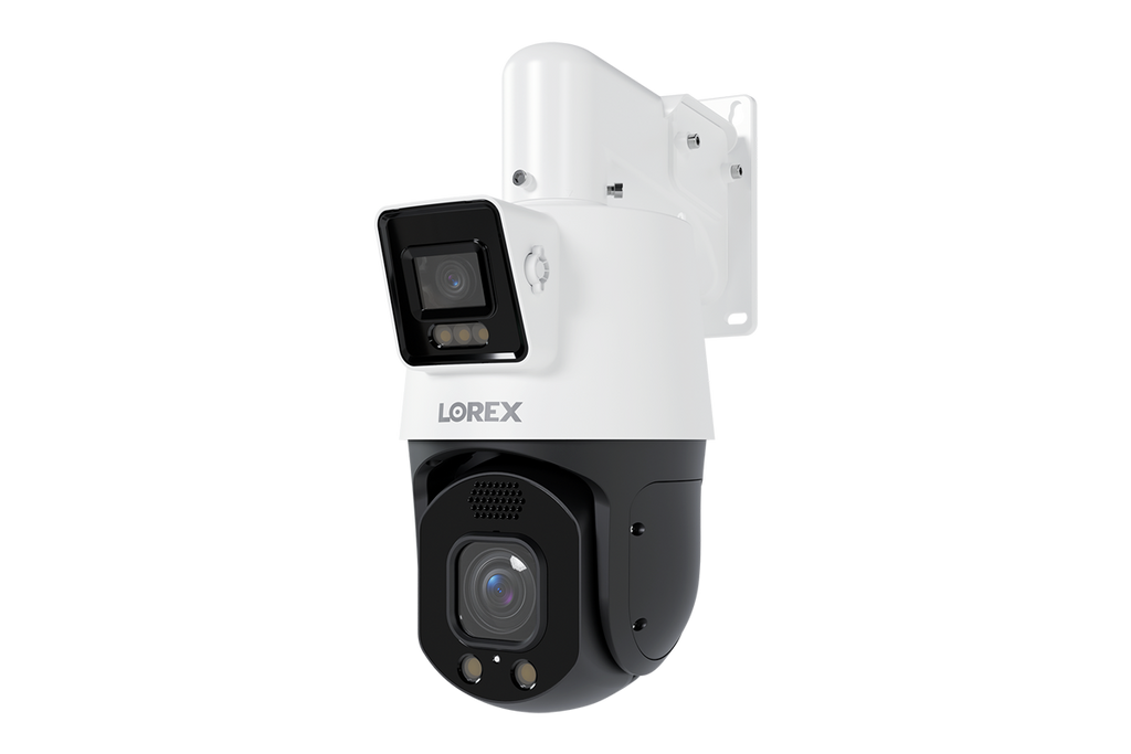 Lorex Connect X Series 2K+ dual-lens PTZ camera with 30× optical zoom in white and black housing