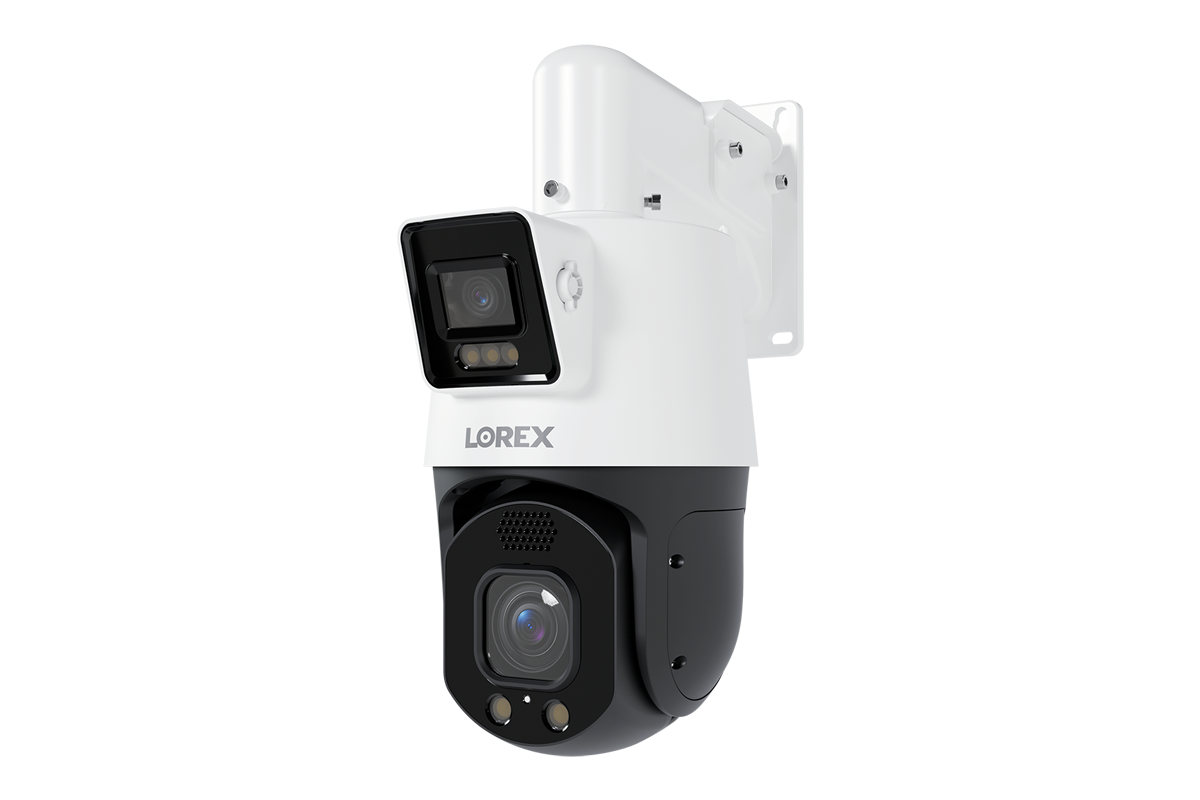 Lorex Connect X Series 2K+ dual-lens PTZ camera with 30× optical zoom in white and black housing