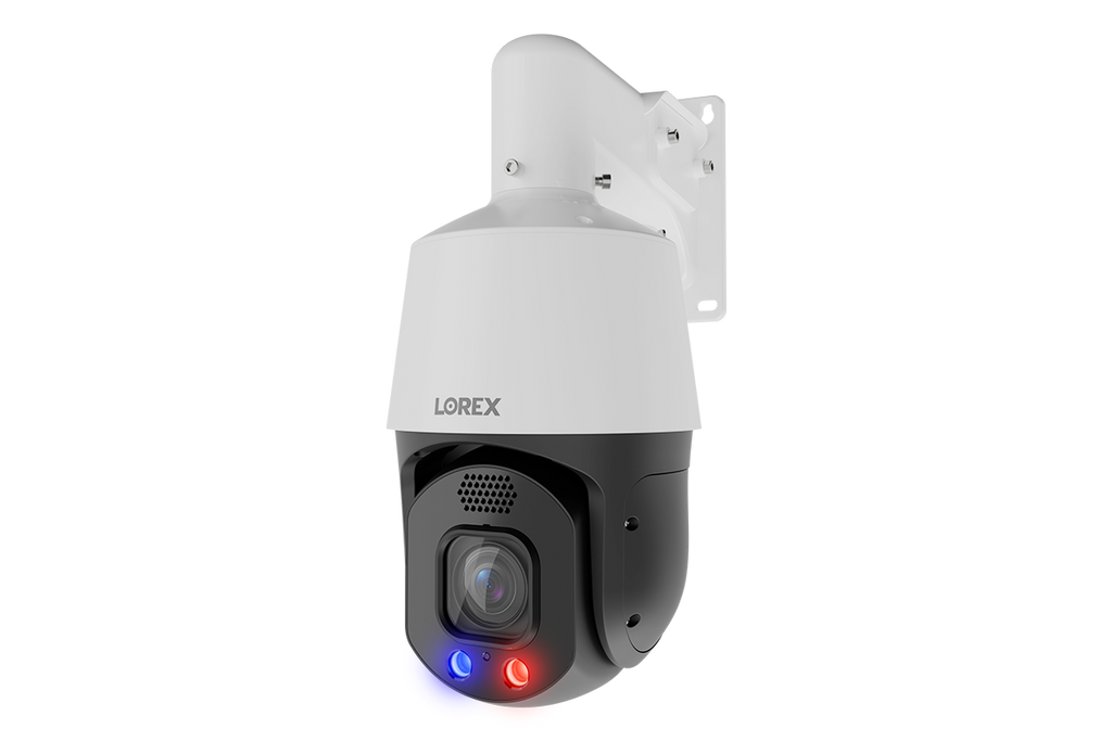 Lorex Connect X Series 4K PTZ PoE Camera with 30× optical zoom, white housing mounted on bracket showing front lens