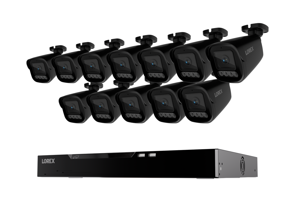 Twelve black Lorex X Series 4K bullet cameras above a 16-channel NVR