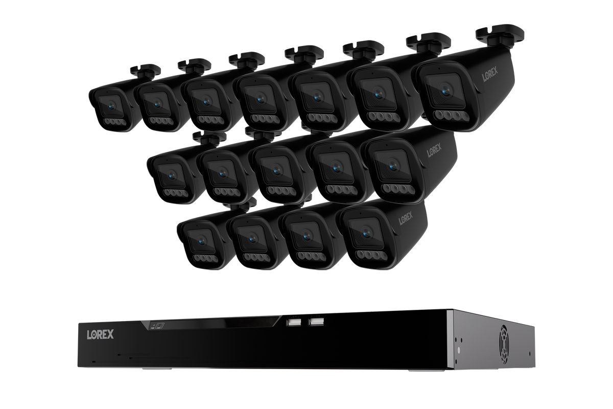 Sixteen black Lorex X Series 4K bullet cameras above a 16-channel NVR