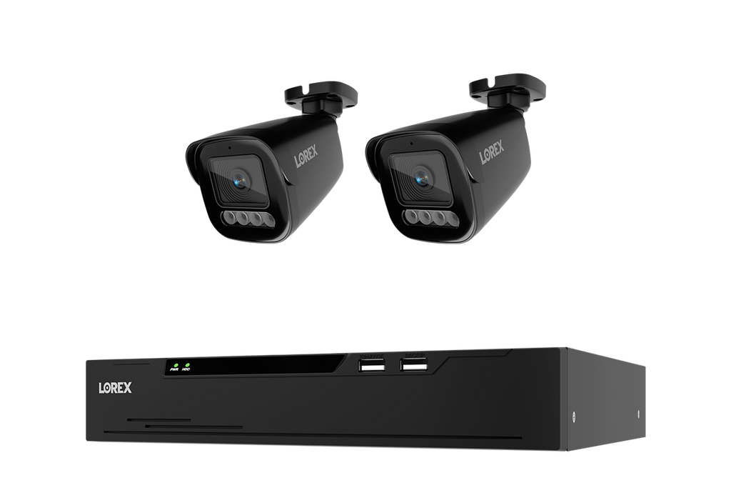 Two Lorex X3 bullet security cameras with a black 8-channel NVR and 2TB storage