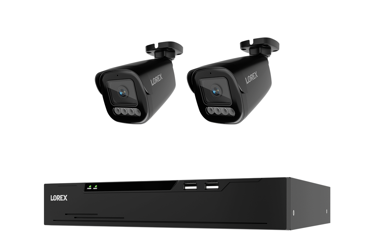 Two Lorex X3 bullet security cameras with a black 8-channel NVR and 2TB storage