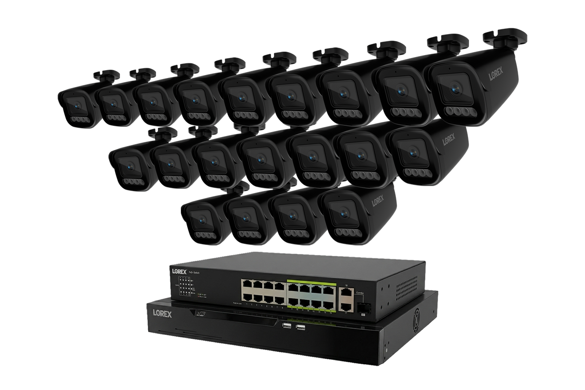 Row of Lorex X Series 4K bullet cameras mounted above an 8TB NVR