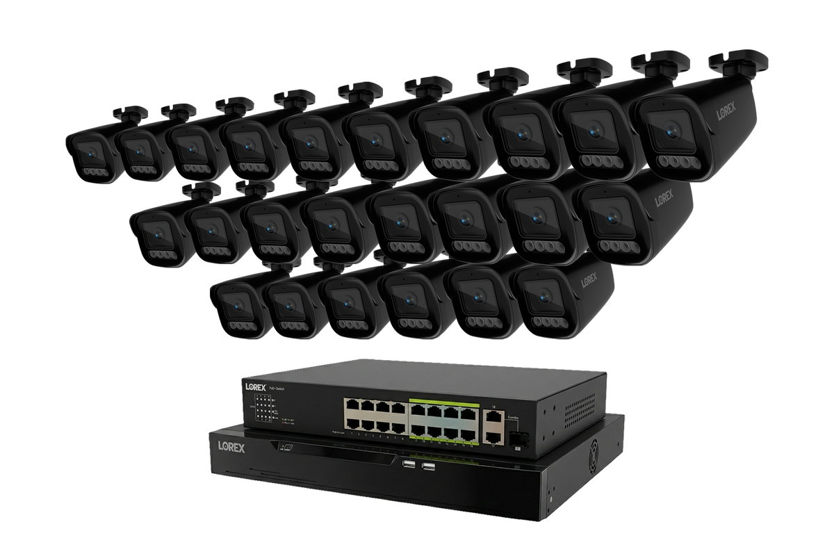 Multiple Lorex X Series 4K cameras with the NVR and storage hardware