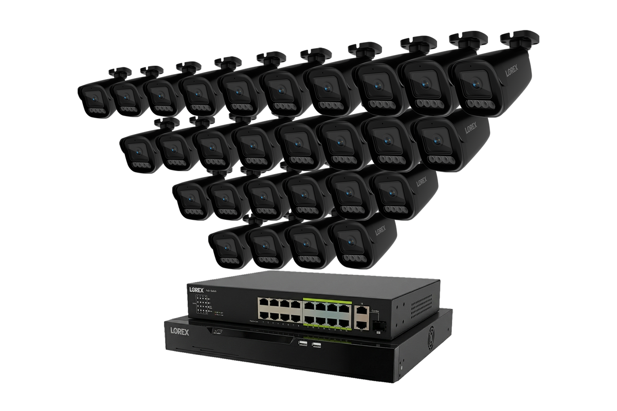Lorex Connect X Series 4K 32-channel wired NVR system with 8TB drive and multiple X3 bullet cameras
