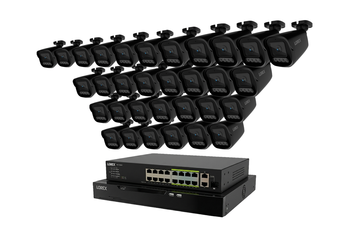 Lorex X Series 4K 32-channel wired NVR system with 8TB storage and many X3 bullet cameras