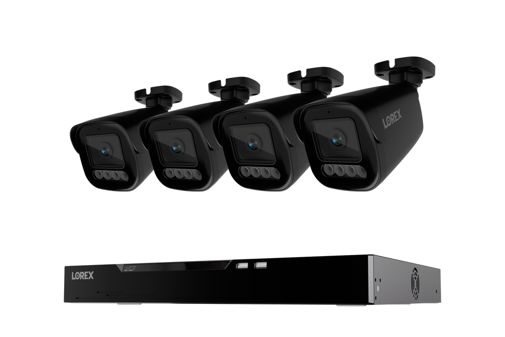Lorex X Series 4K 16-channel wired NVR system with four bullet security cameras and a 4TB storage unit