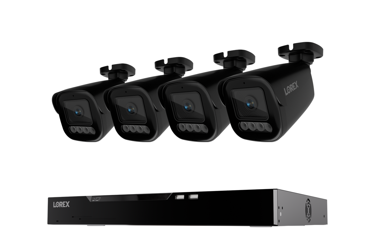 Lorex X Series 4K 16-channel wired NVR system with four bullet security cameras and a 4TB storage unit