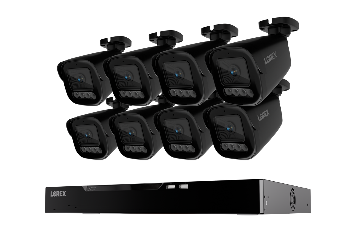 Eight black Lorex X Series 4K bullet cameras above a 4TB NVR