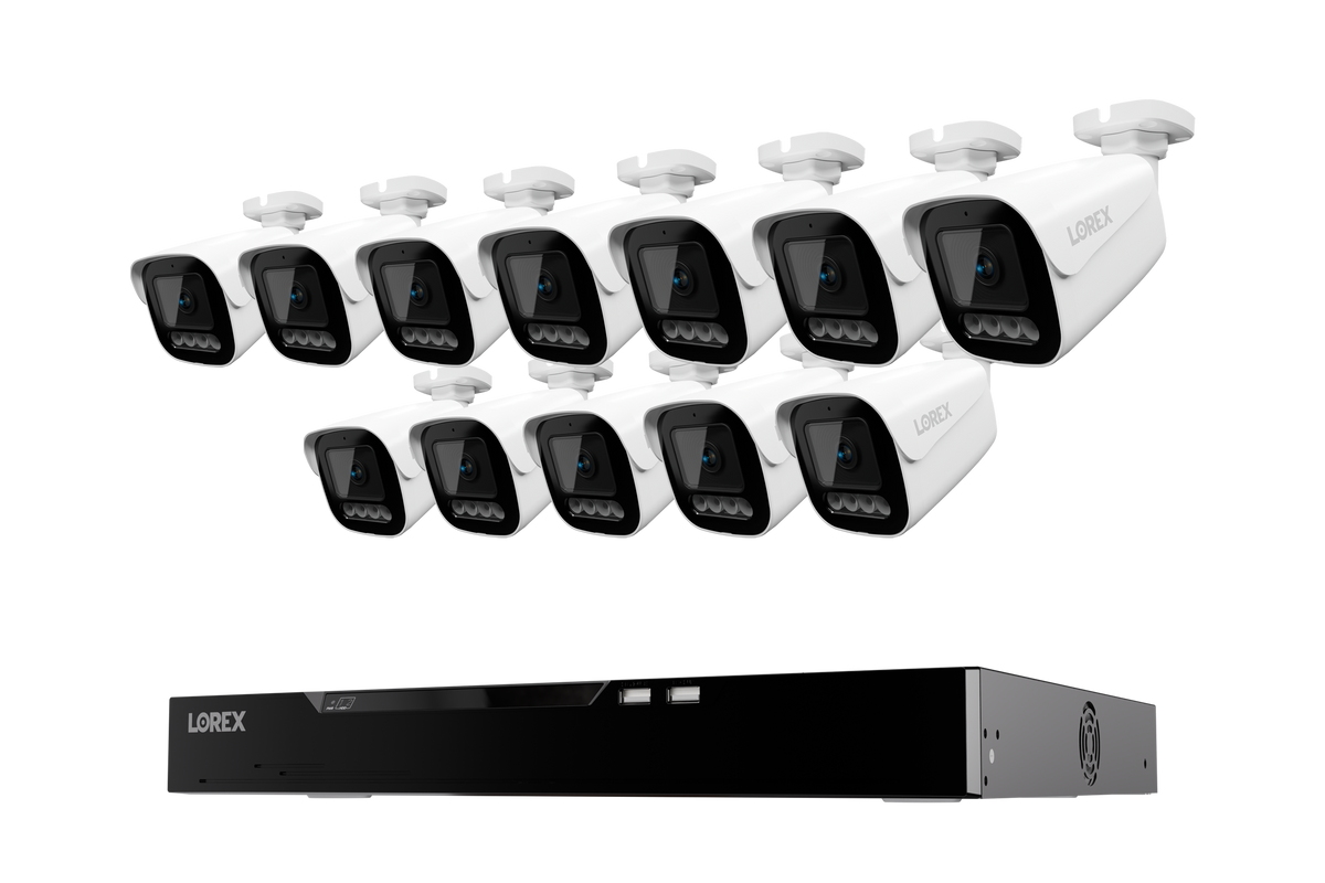Twelve white Lorex Connect X Series 4K bullet cameras above the NVR