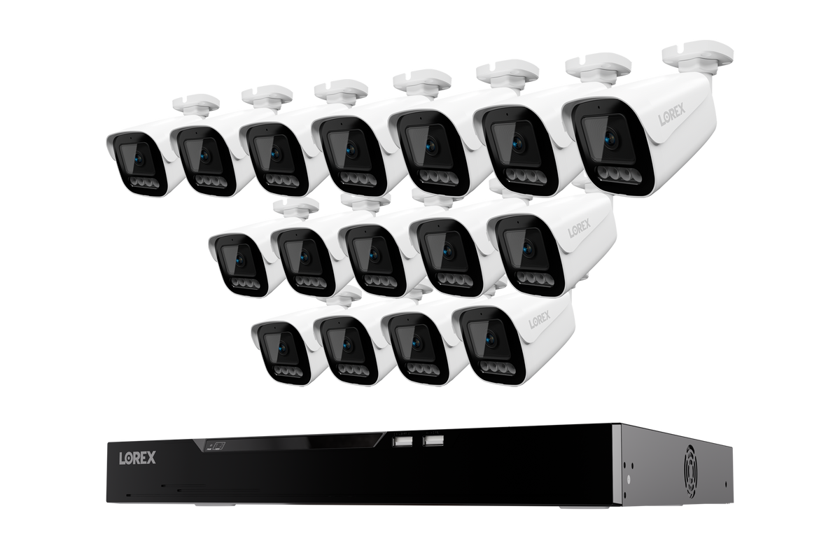 Sixteen white Lorex X Series 4K bullet cameras above the Lorex NVR