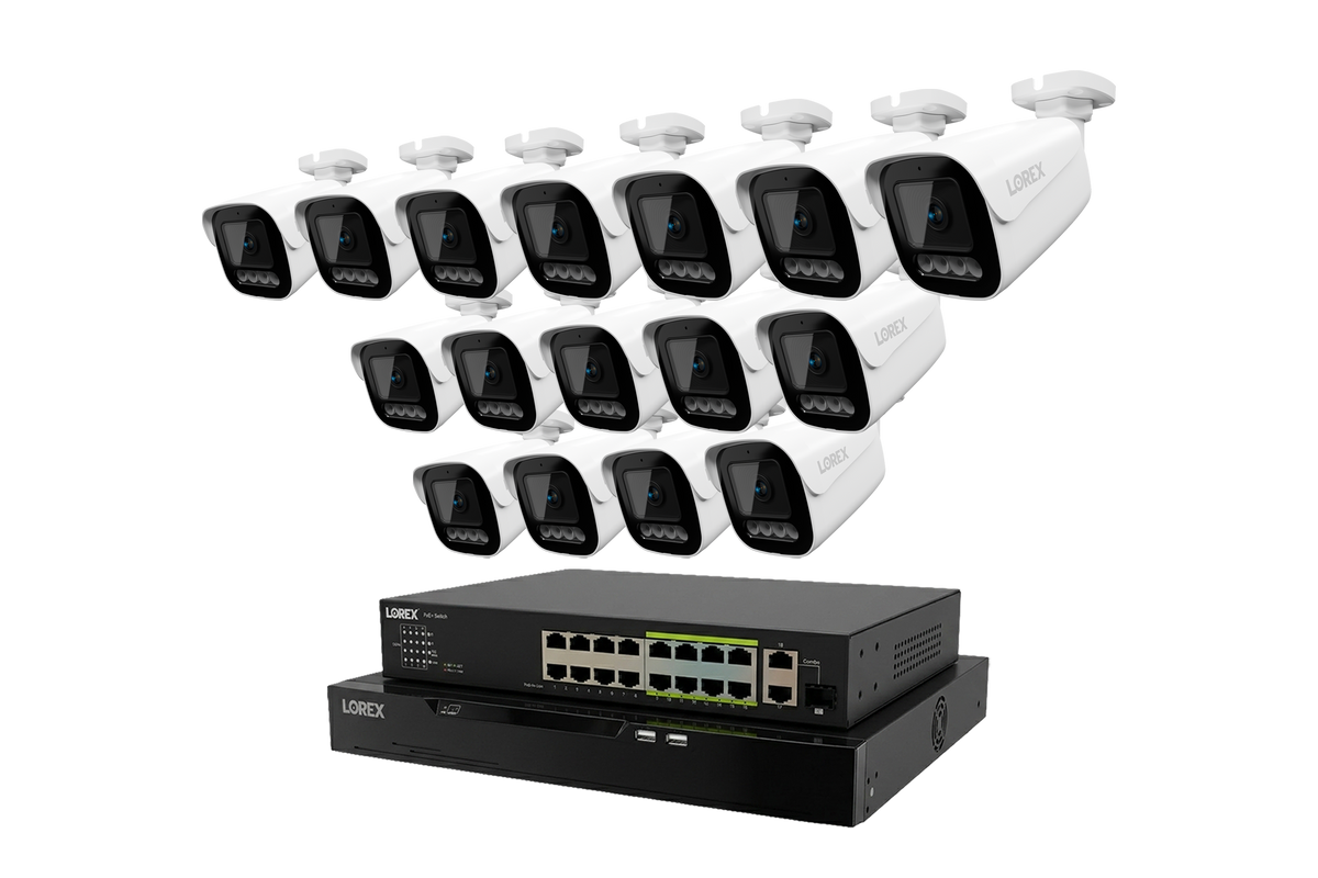 White Lorex X Series 4K 32-channel bullet cameras array above a Lorex NVR
