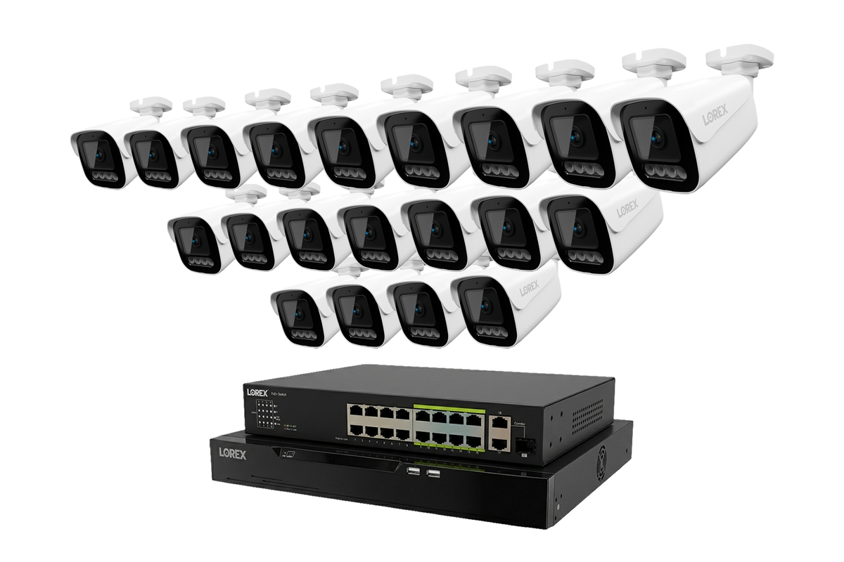 Row of white Lorex X3 bullet security cameras above a 32-channel 8TB Lorex Connect NVR
