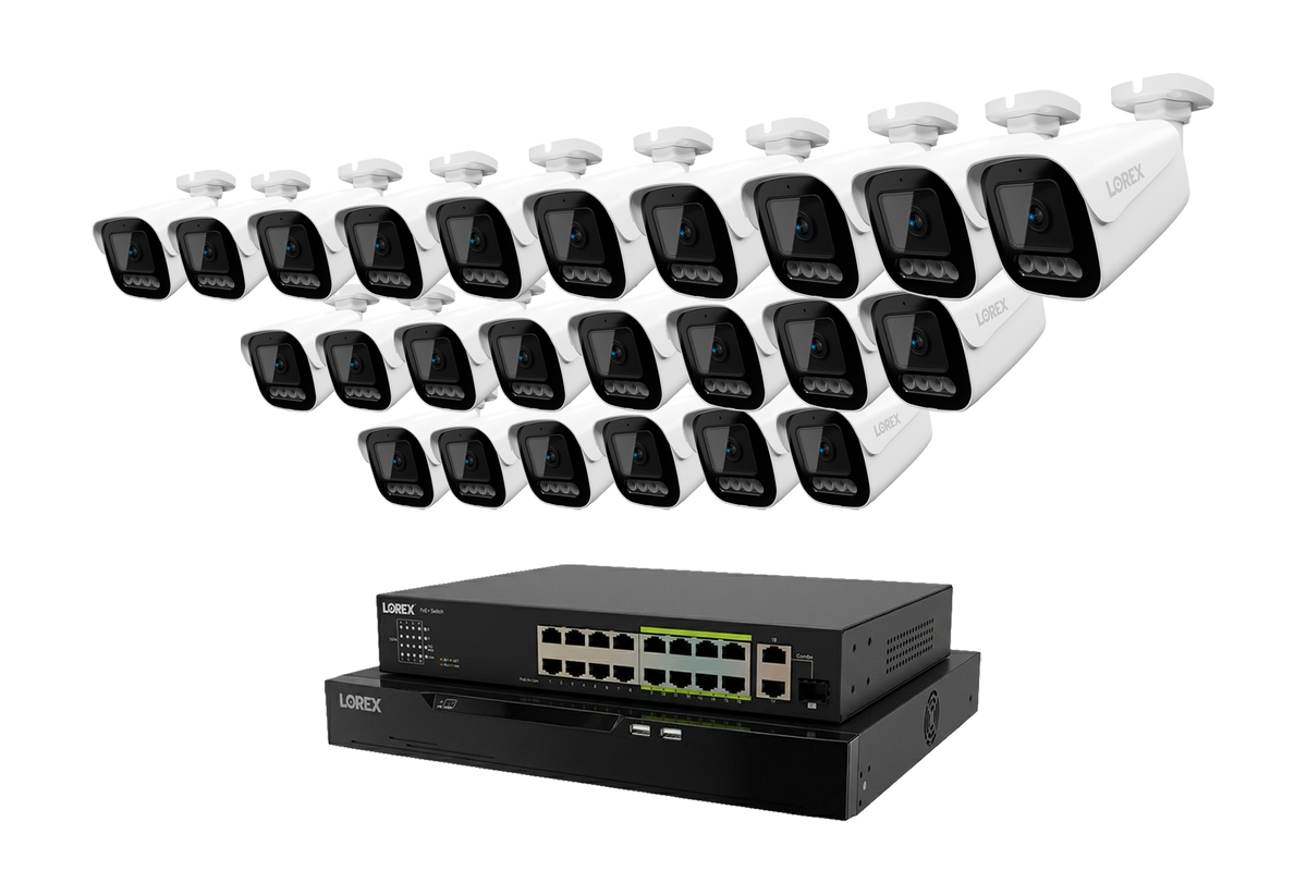 Line of white Lorex X3 bullet cameras mounted above a 32-channel 8TB Lorex Connect NVR setup