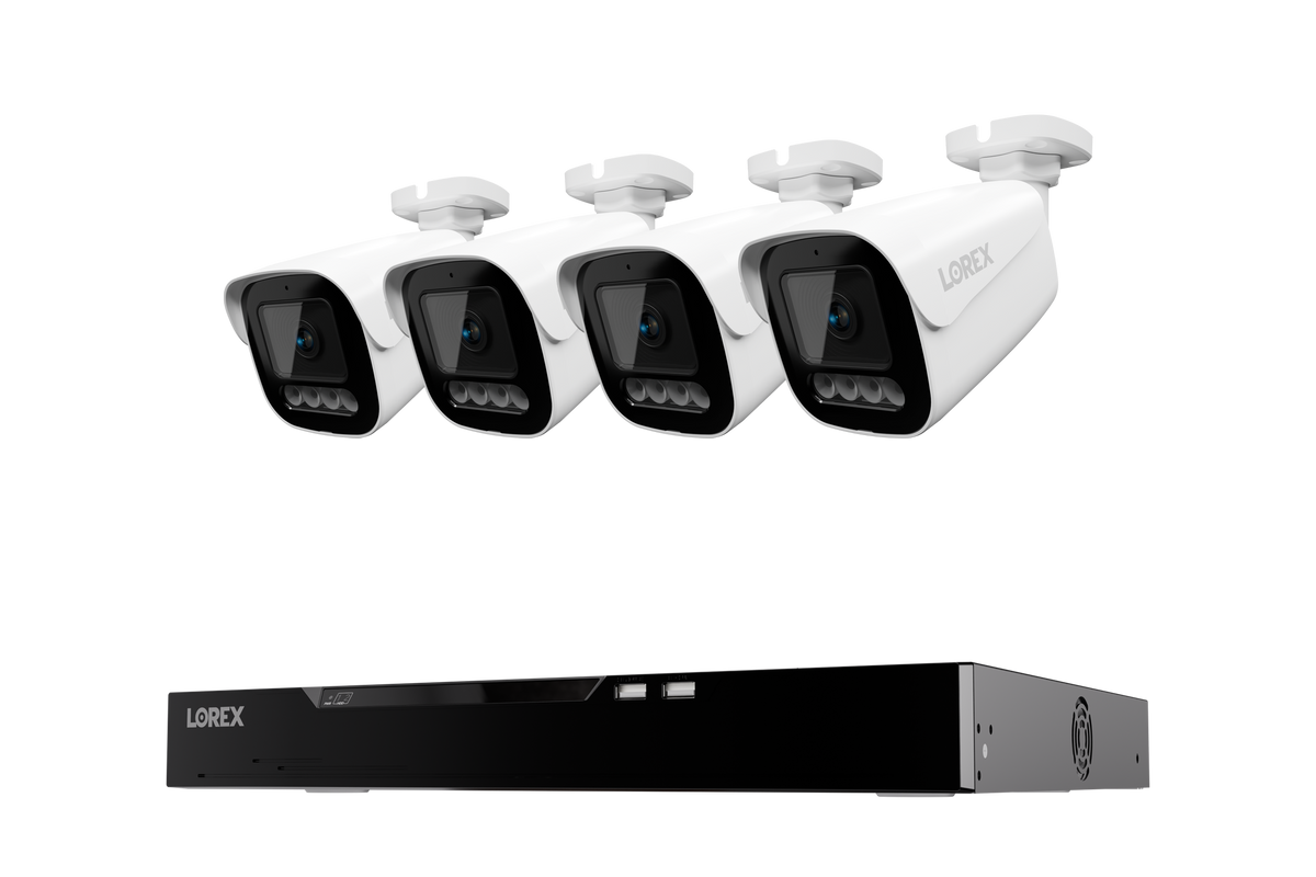 Four white Lorex Connect X Series bullet security cameras above a 4TB NVR