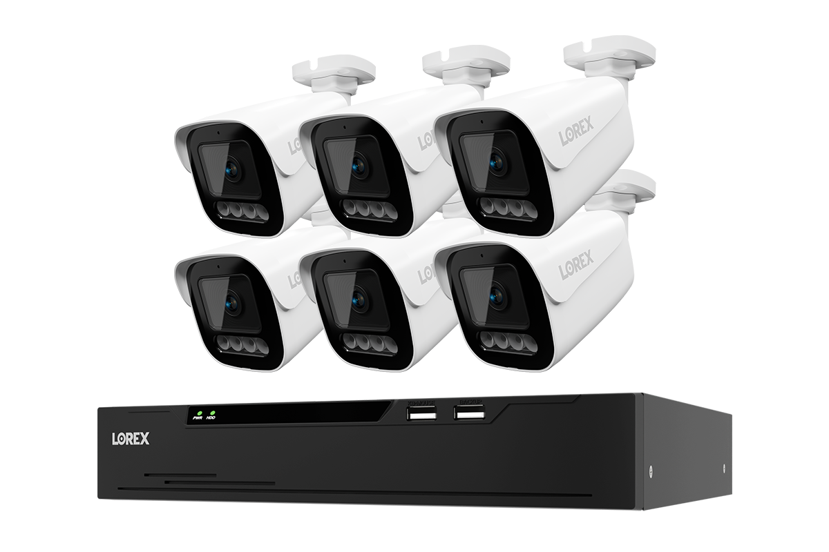 Lorex X Series 8-channel NVR system with six white X3 bullet cameras