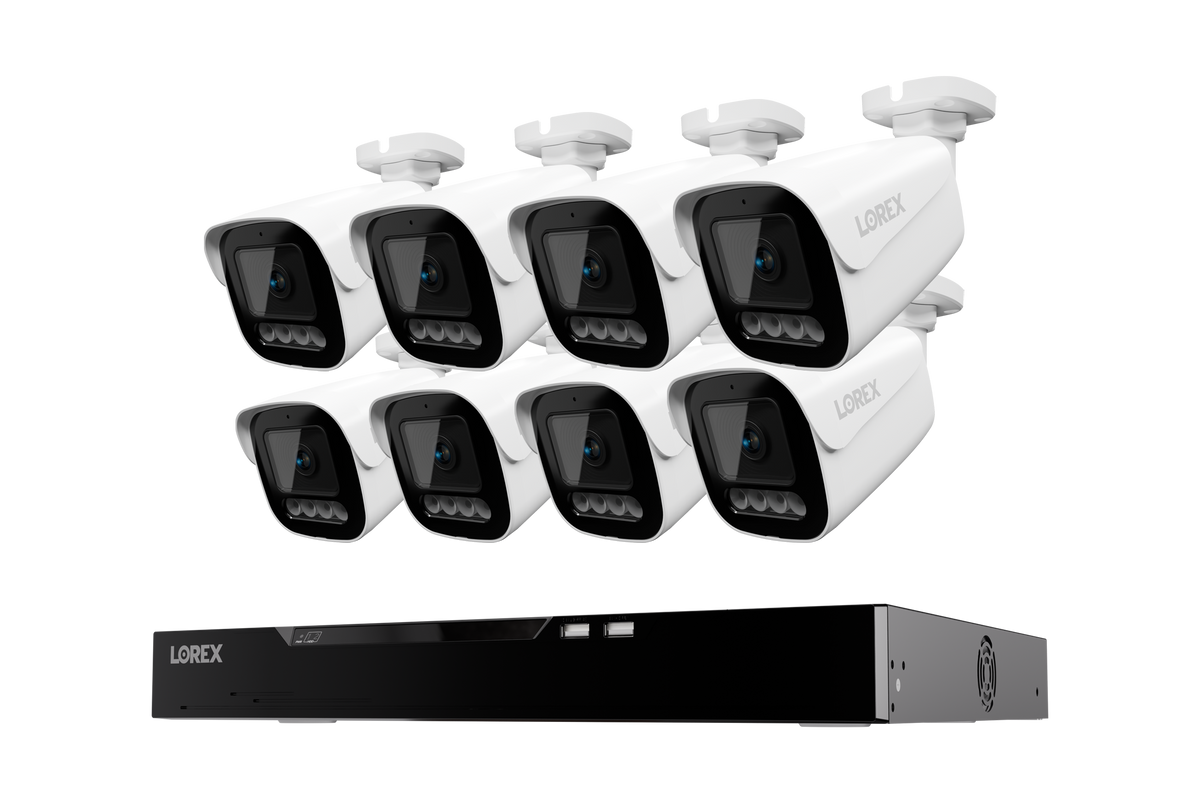 Eight white Lorex Connect X Series bullet cameras above a 16-channel NVR with 4TB drive