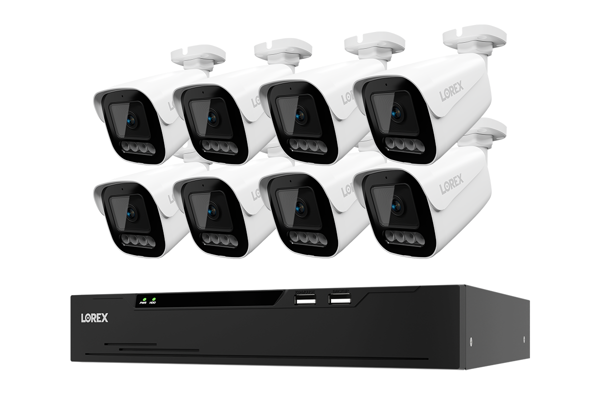 Lorex X Series 8-channel NVR system with eight white X3 bullet cameras