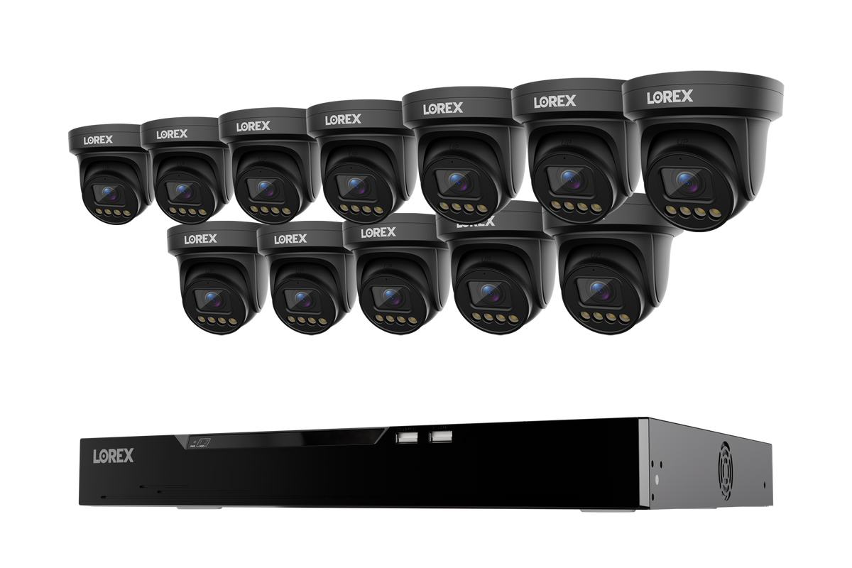 Twelve black Lorex Connect X Series 4K turret cameras above a 4TB NVR
