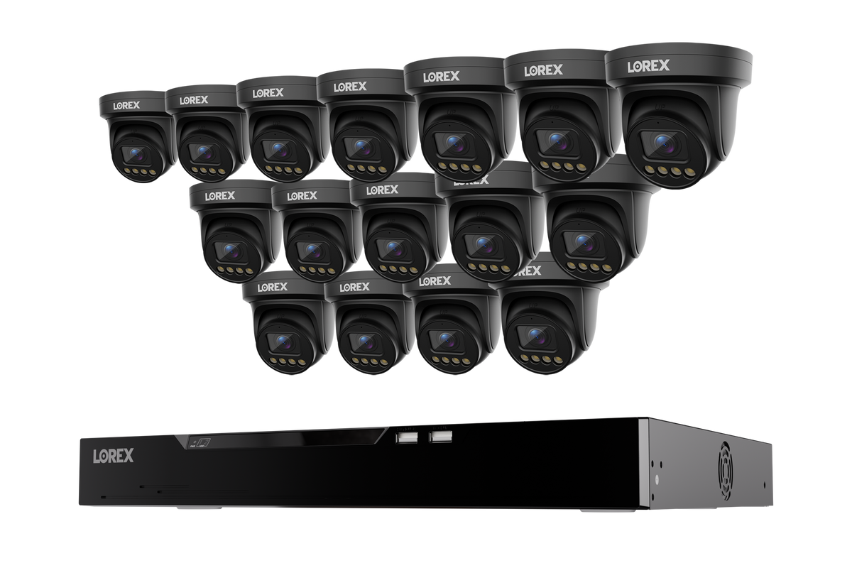 Sixteen black Lorex Connect X Series 4K turret cameras above a 16-channel wired NVR with 4TB storage