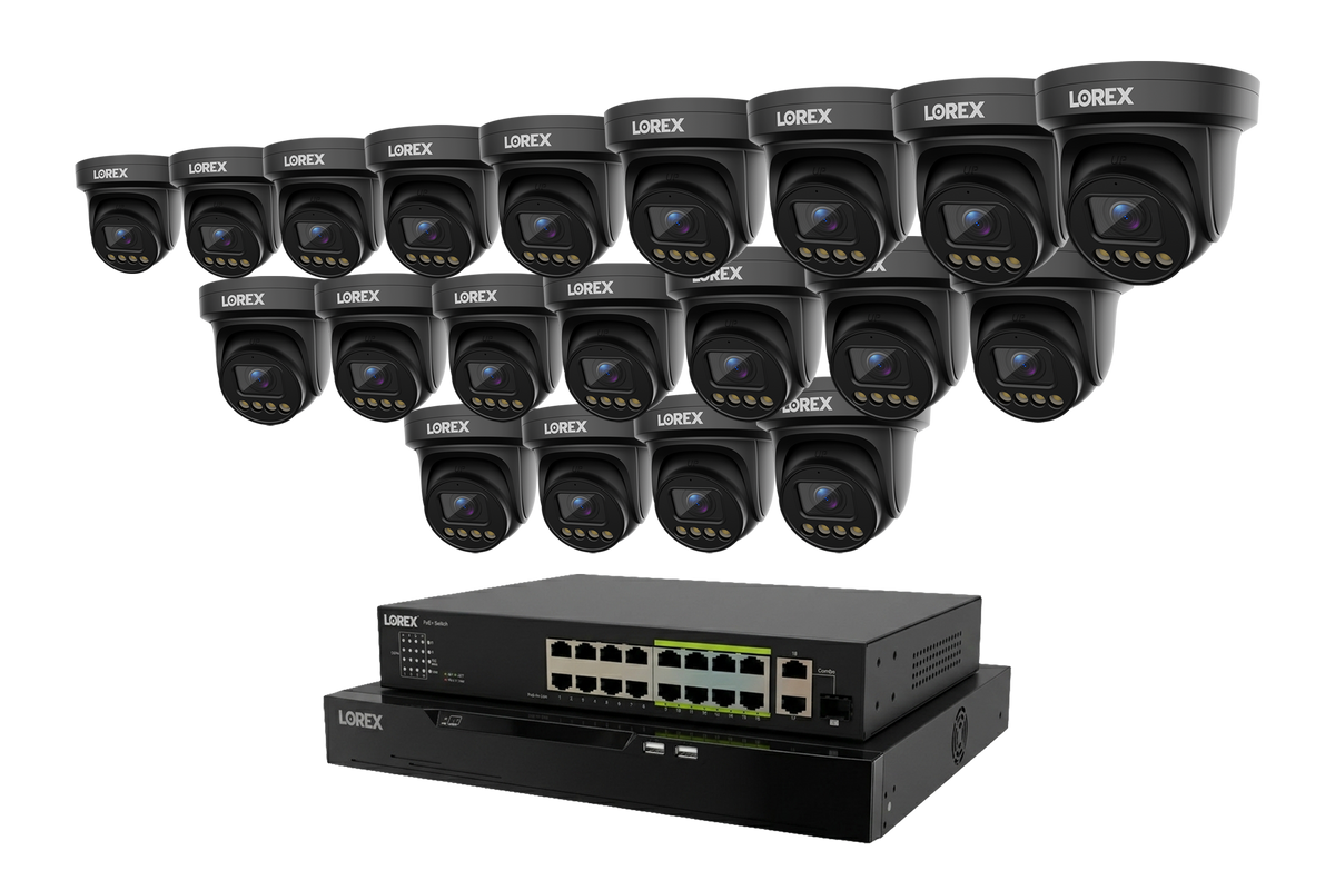 Group of Lorex X Series turret security cameras arranged above an NVR rack for the 4K system