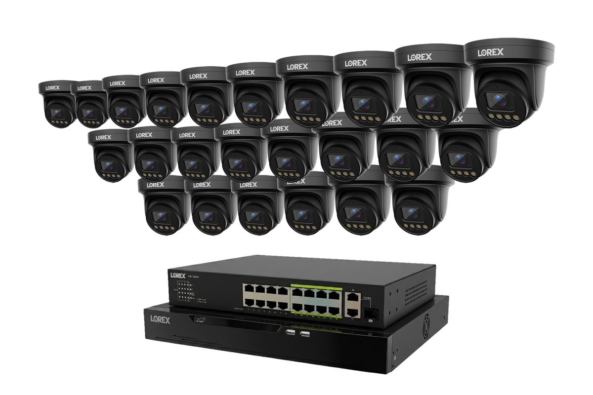 Lorex Connect X Series 32-channel 4K turret cameras arranged in an arc above the 8TB NVR system