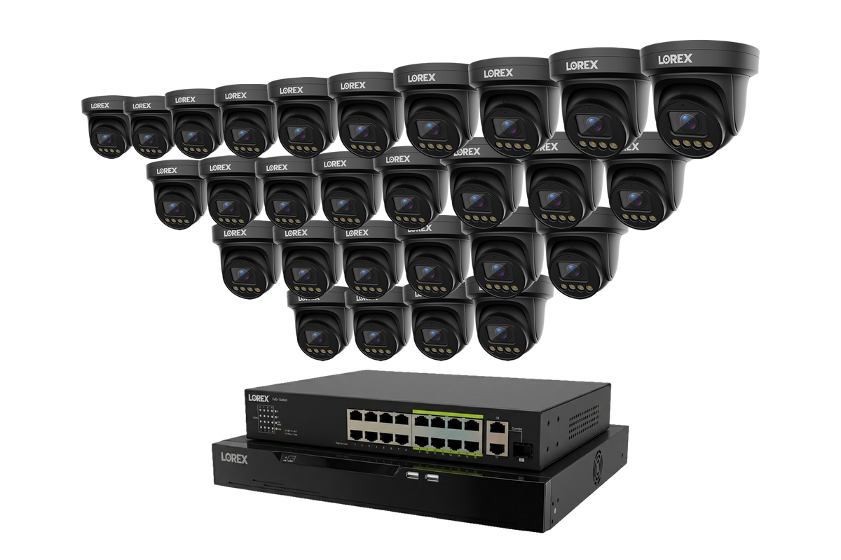 Lorex Connect X Series 32-channel 4K turret cameras arranged in a curved row above the NVR hardware
