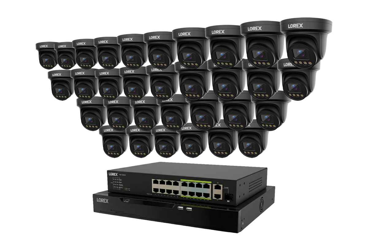 Lorex Connect X Series 32-channel 4K turret cameras arranged in a broad curved row above the NVR system