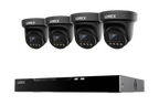 Four Lorex Connect X Series 4K turret cameras above a 4TB NVR