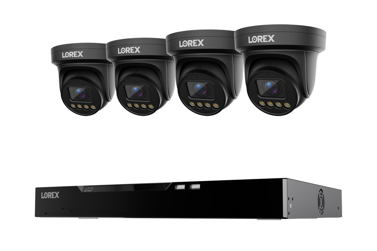 Four Lorex Connect X Series 4K turret cameras above a 4TB NVR
