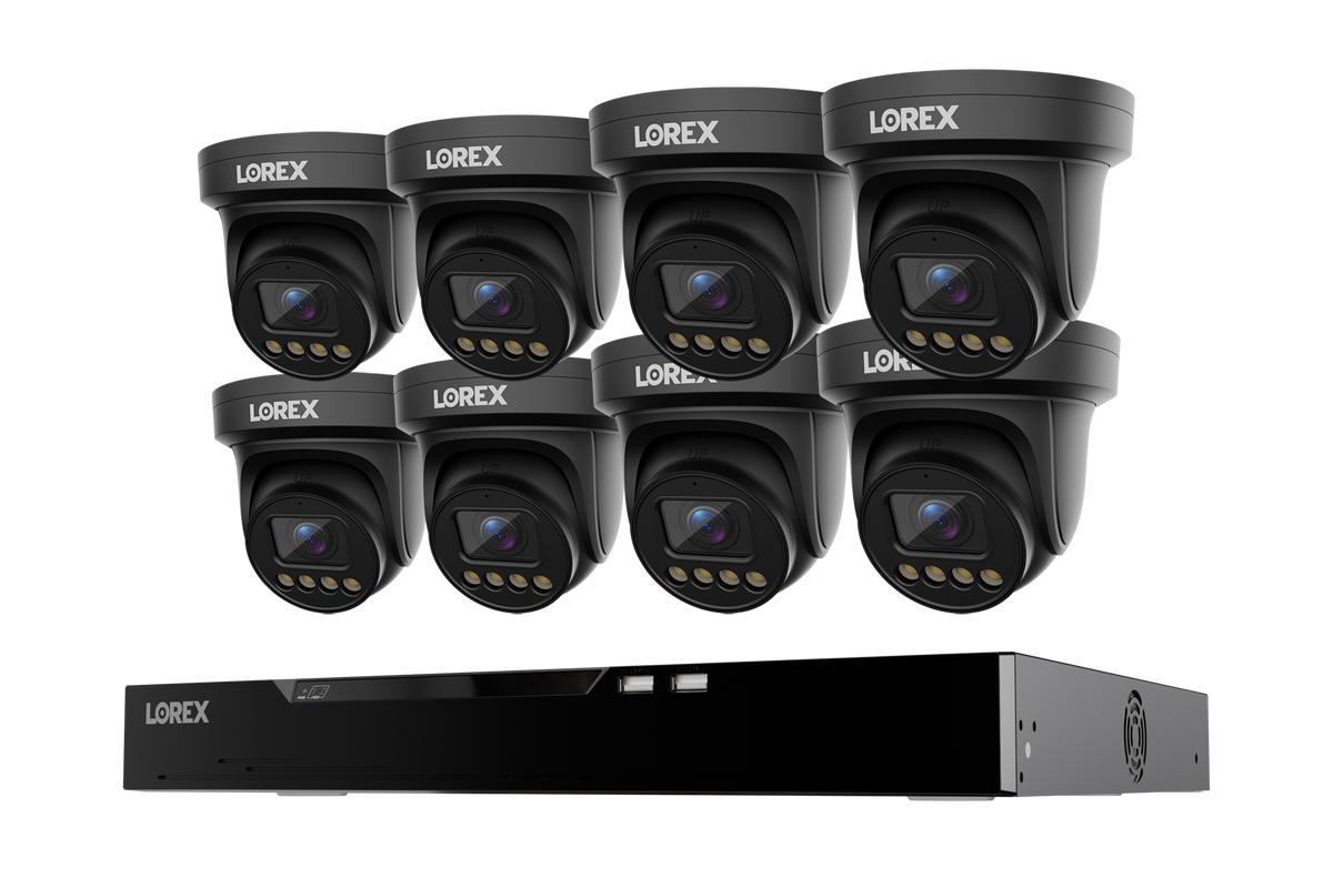 Eight black Lorex Connect X Series 4K turret cameras arranged around a 4TB NVR