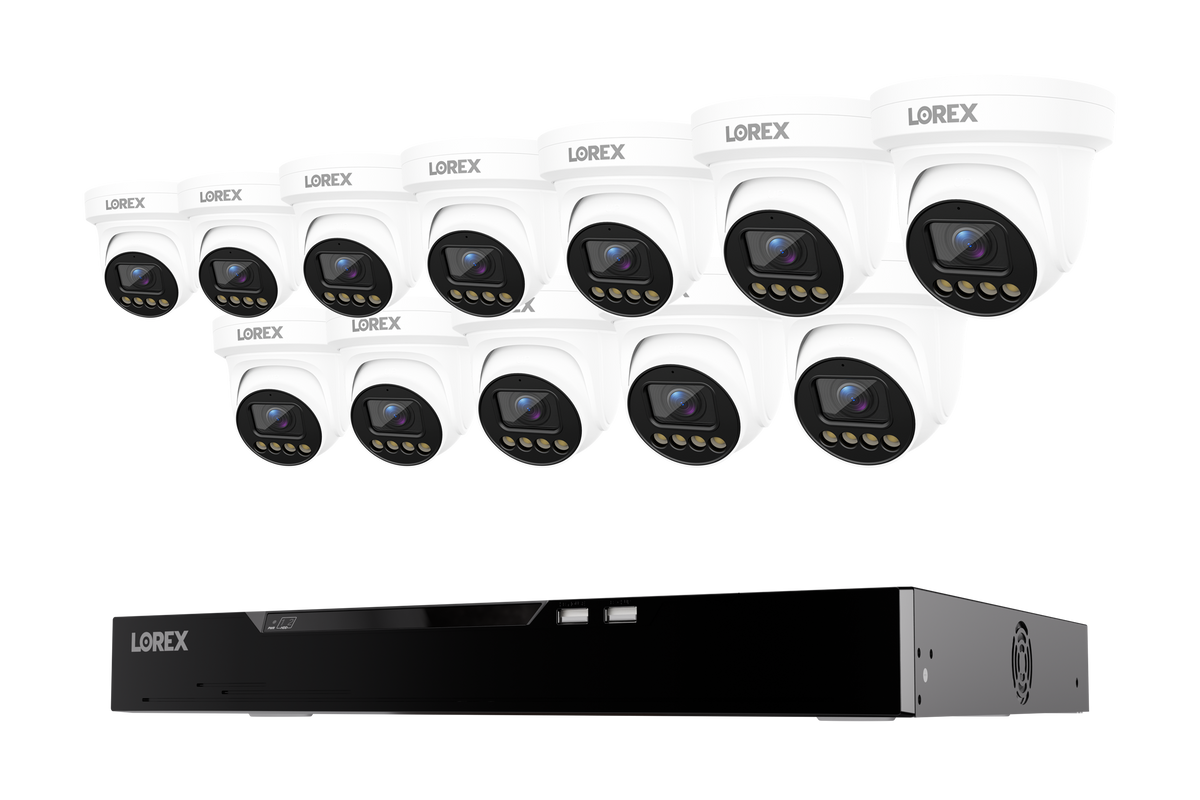 Twelve white Lorex Connect X Series 4K 16-channel NVR system with X3 turret cameras and 4TB storage