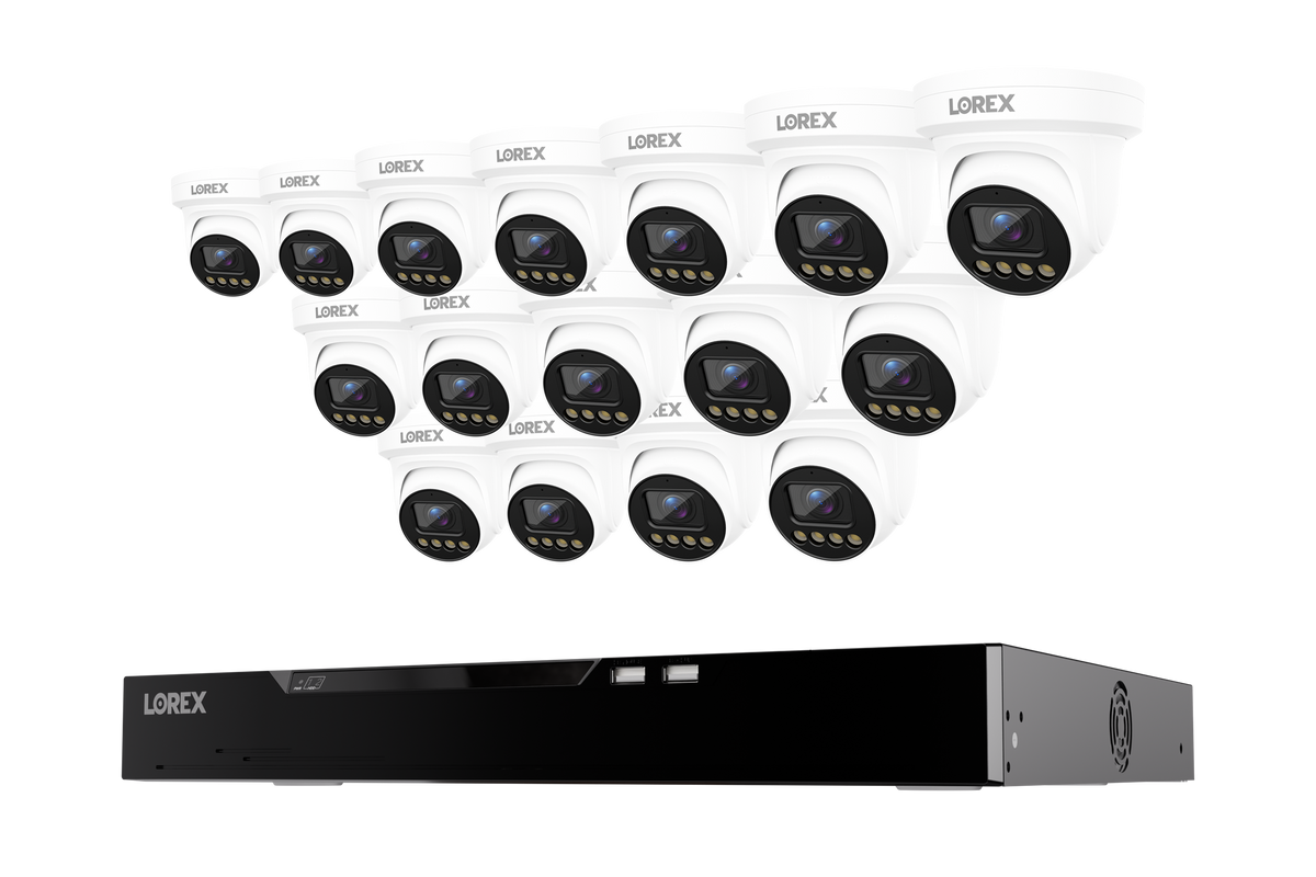 Sixteen white Lorex X3 turret security cameras in a row