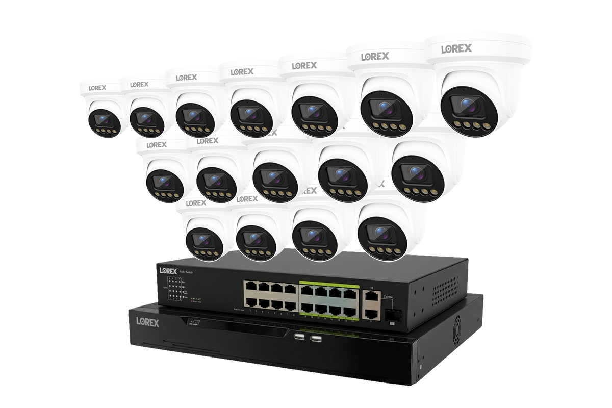 Lorex Connect X Series 4K 32-channel wired NVR system with white X3 turret cameras and 8TB storage