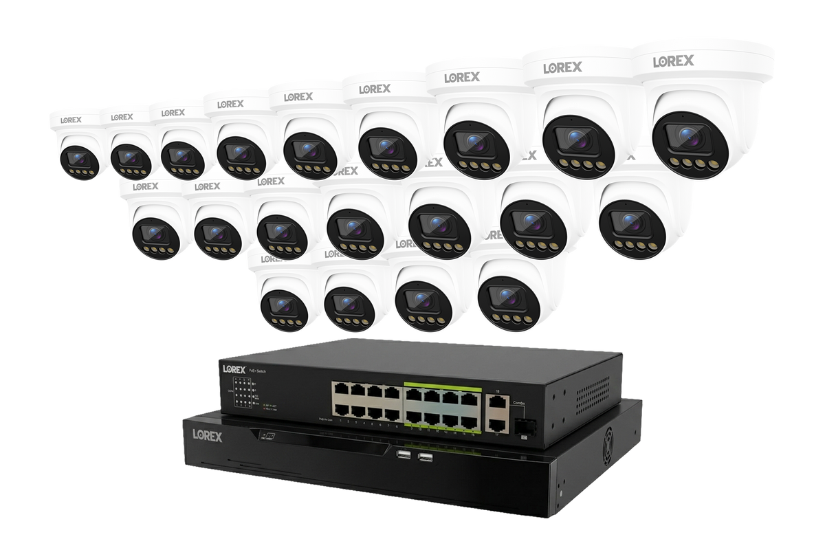 Lorex Connect X Series 4K 32-channel wired NVR system with white X3 turret cameras, 20-camera configuration