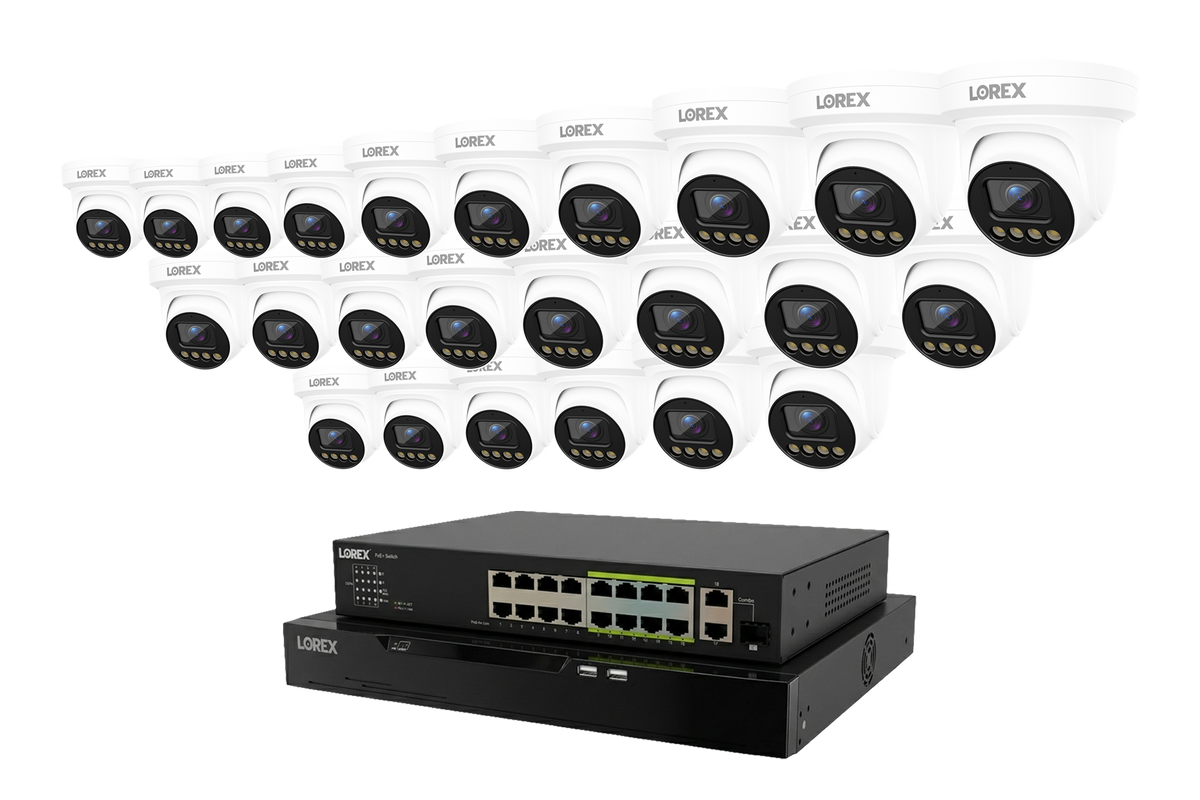 Lorex Connect X Series 4K 32-channel wired NVR system with white X3 turret cameras, 24-camera configuration