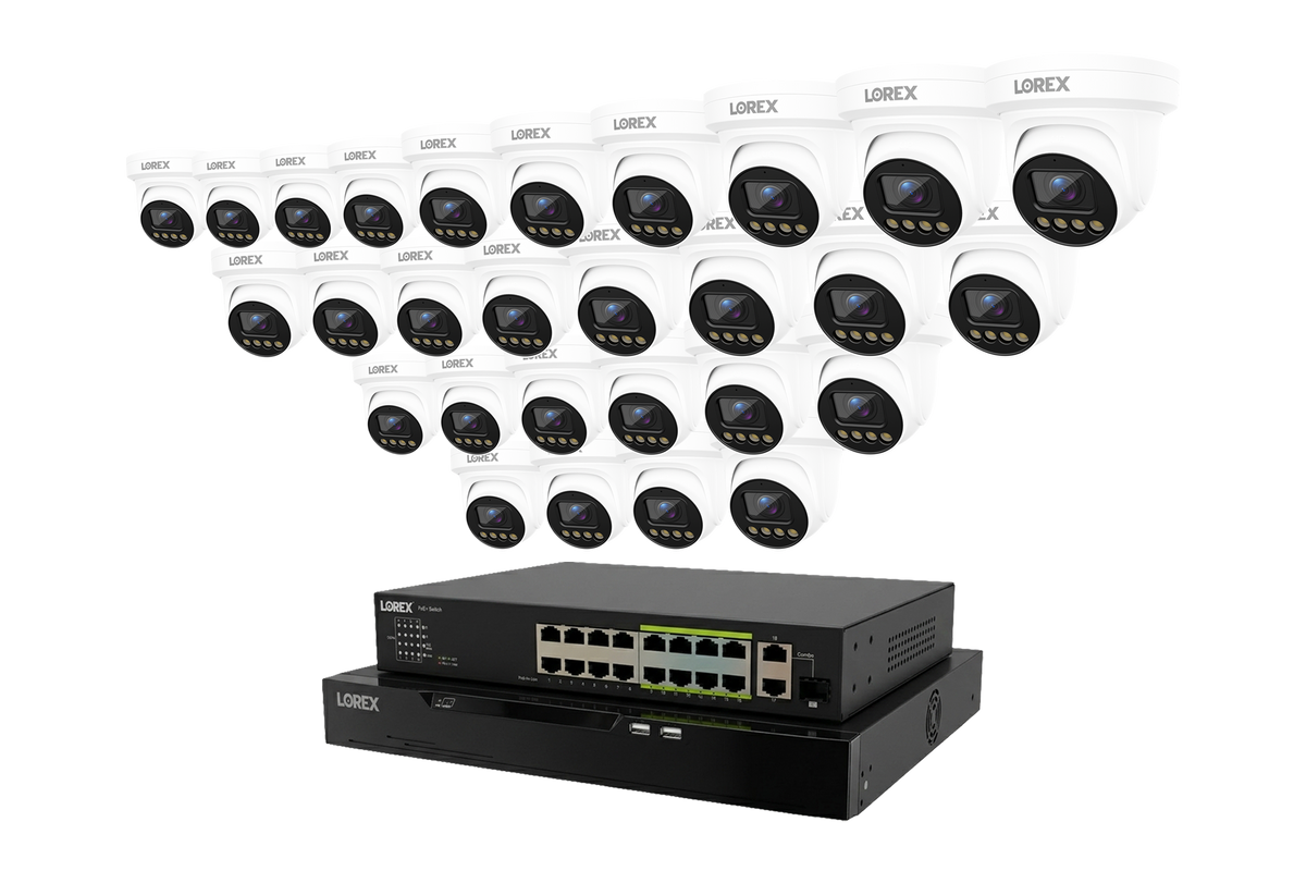Lorex Connect X Series 4K 32-channel NVR system with white X3 turret cameras, 28-camera configuration