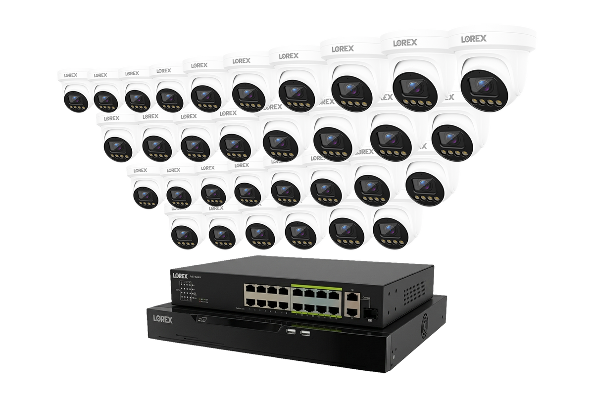 Lorex Connect X Series 4K 32-channel NVR system with white X3 turret cameras, 32-camera configuration