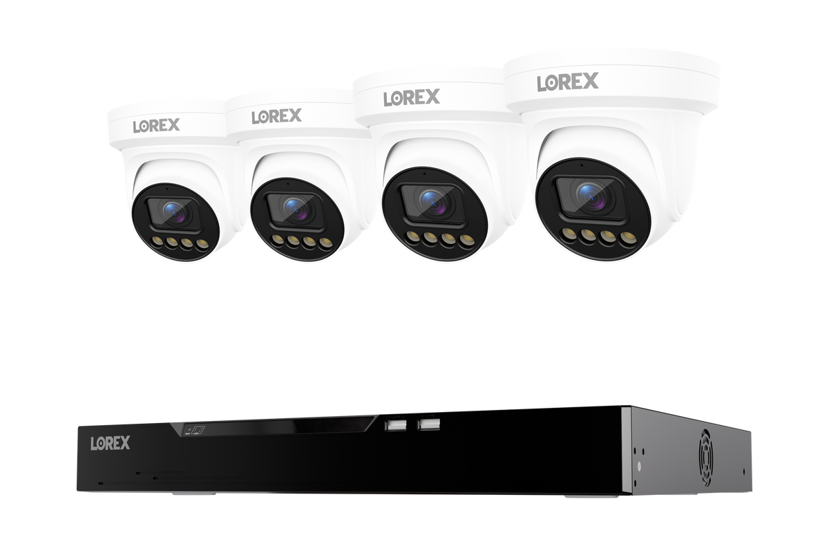Four white Lorex Connect X Series 4K turret cameras arranged above a black NVR