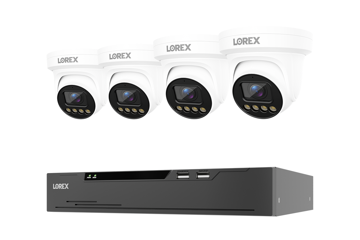 Four white Lorex X3 turret cameras above a Lorex X Series 4K NVR