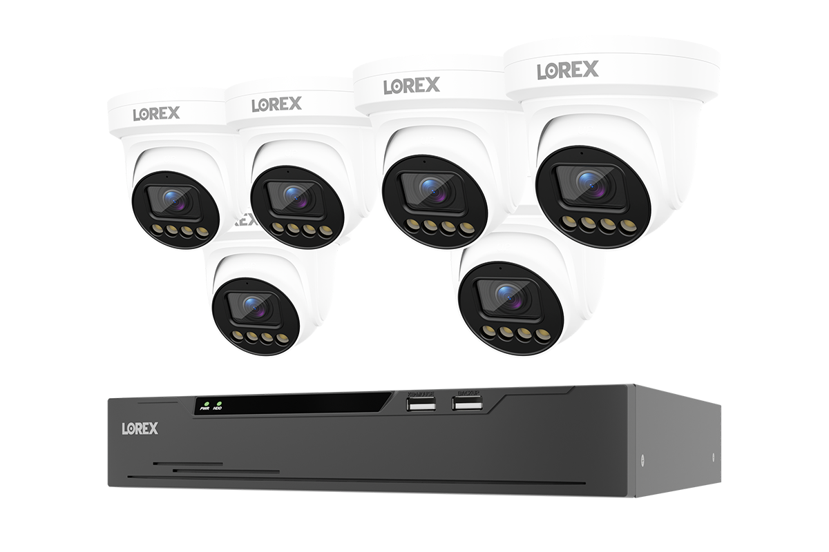 Six white Lorex X3 turret cameras above a black 8-channel NVR