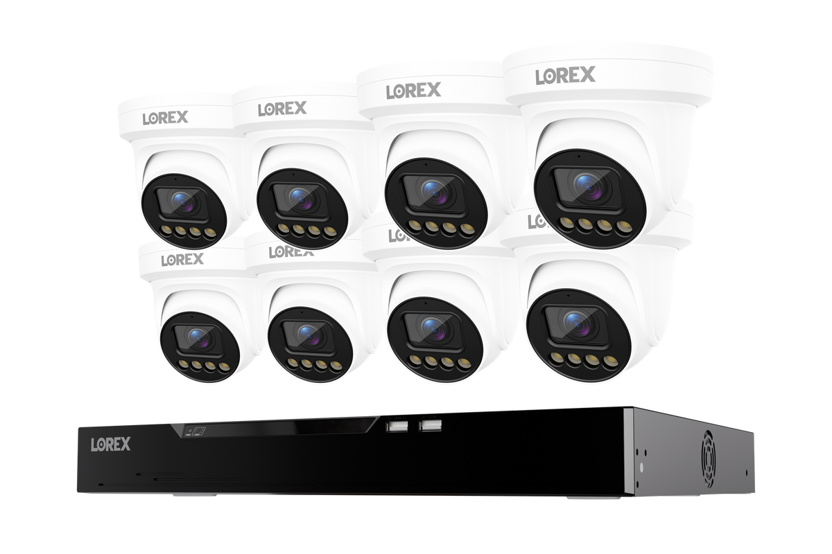 Eight white Lorex Connect X Series 4K turret cameras clustered above a Lorex NVR