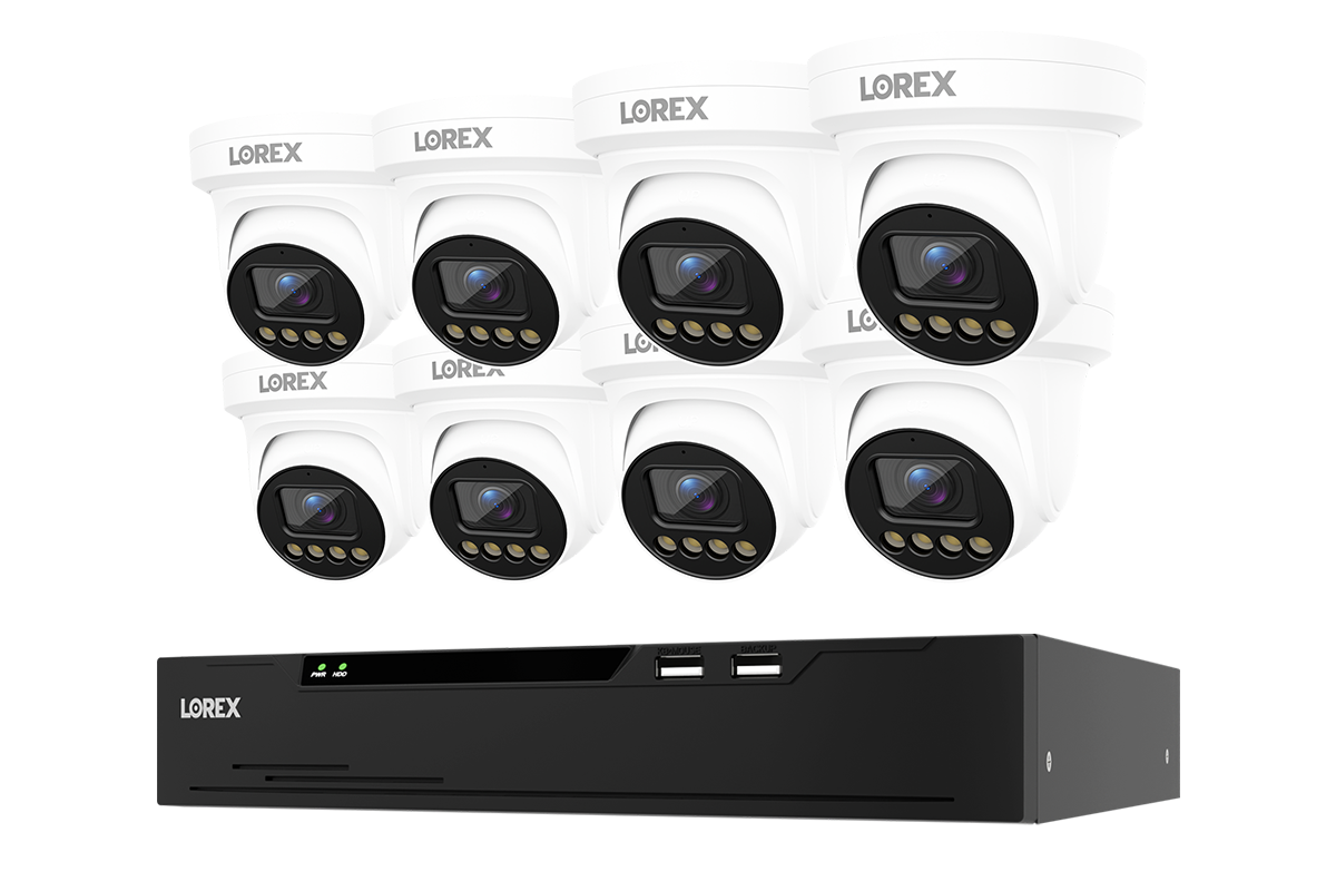 Eight white Lorex X3 turret cameras with an 8-channel NVR
