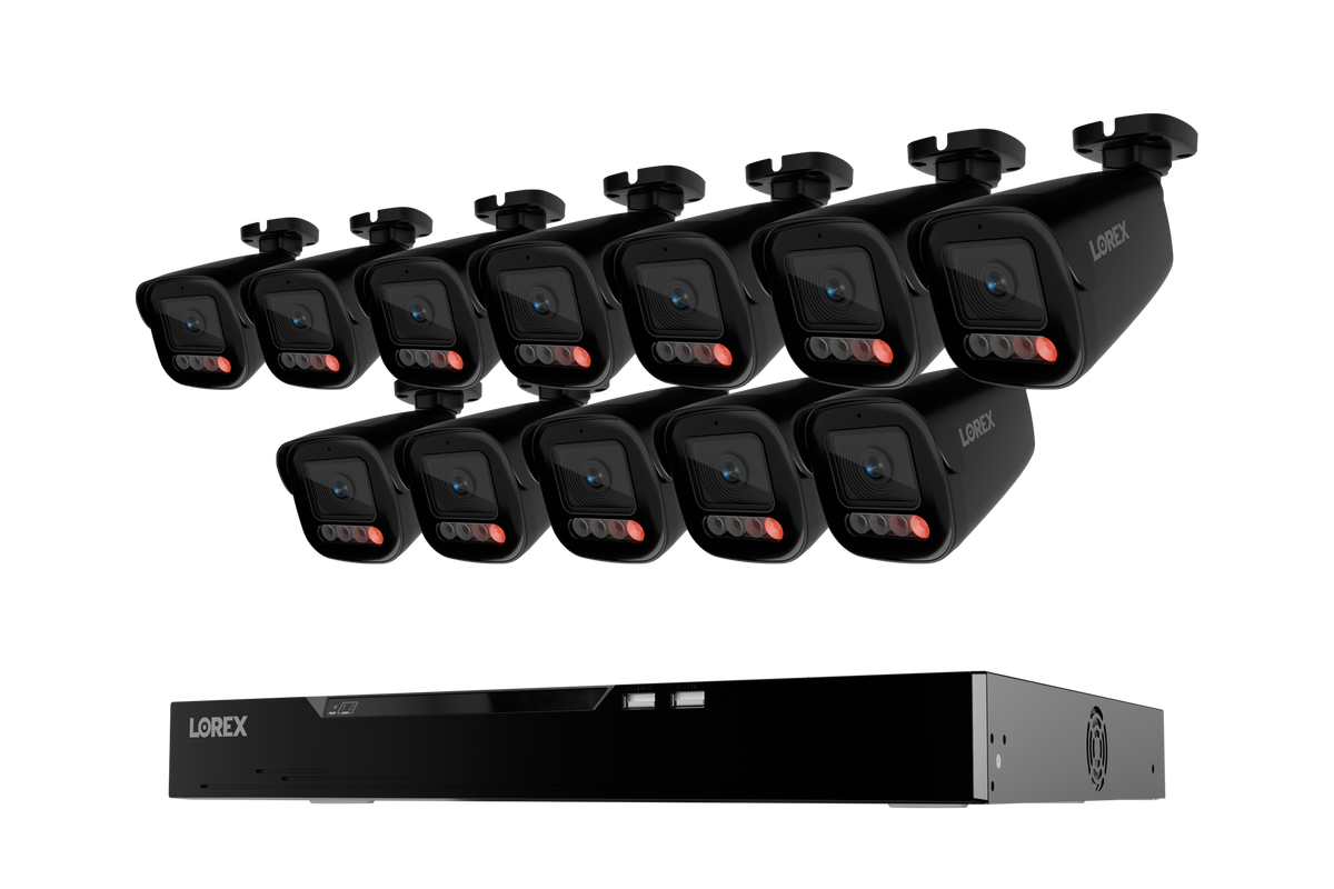 Twelve black Lorex X5 bullet cameras above the Connect X Series 4K NVR