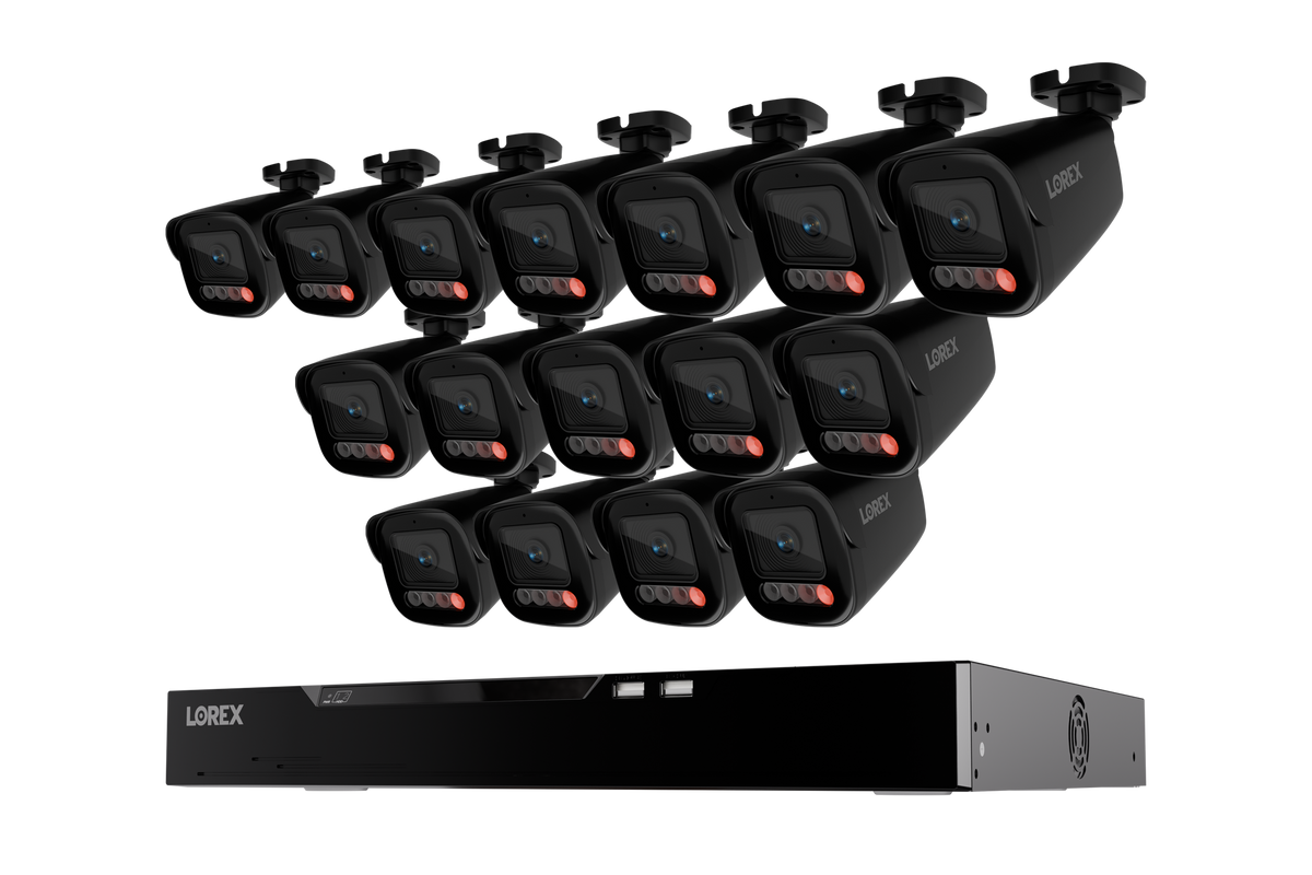 Sixteen black Lorex X5 bullet cameras lined up over the NVR
