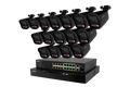 Row of black Lorex X5 bullet cameras above a network video recorder